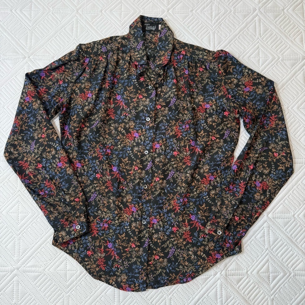 Tucci Vintage Black Floral Buttondown Shirt Size 7/8